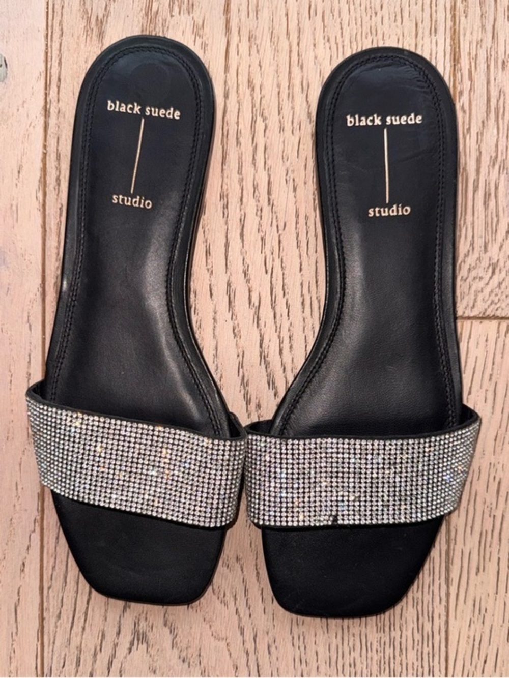 Black Suede Studio Alexandra Slide Sandals with Crystal Strap + Black leather